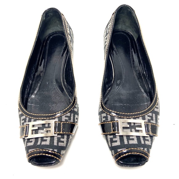 Fendi Shoes - Fendi Zucca Black Peep Toe Ballet Flats